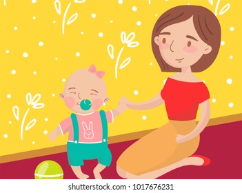 Mom playing ball with her little baby son photo, best moments on pictures, portrait of family members vector Illustration