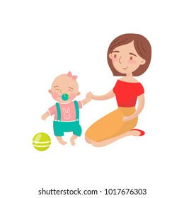 Mom playing ball with her little baby son cartoon vector Illustration