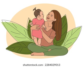 Mom is playing with a girl against a background of large green leaves. Mom holds the little girl while the baby tells her mom something. Cute illustration for Mother's Day