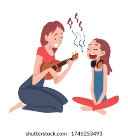 Mom Playing Ukulele and Sing with her Daughter, Family Members Spending Good Time Together Cartoon Style Vector Illustration