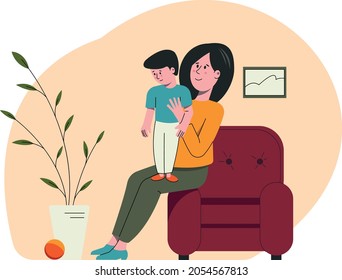 Mom plays with the child at home. A woman is sitting with a little boy on her lap. Leisure of the family at home.