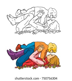 Mom plays with the child. The woman lies on her back with the child. Autumn leaves. The contour image. Two people play. Warm clothes. Vector