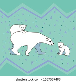 A Mom polar bear walks with two cubs. A vector illustration of a happy family. Cartoon animals smiling