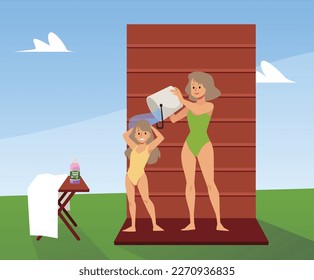 Mom pours cold water on daughter from bucket, hardening procedure flat style, vector illustration. Health, smiling characters, strengthening immunity, scene