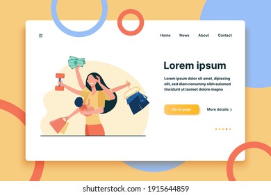 Mom practicing multitasking. Woman holding baby, carrying shopping bags, lifting weight flat vector illustration. Busy mother, motherhood concept for banner, website design or landing web page