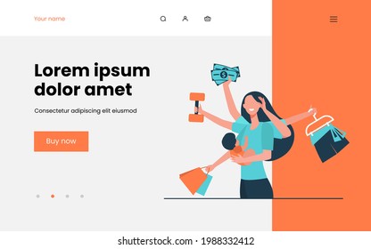 Mom practicing multitasking. Woman holding baby, carrying shopping bags, lifting weight flat vector illustration. Busy mother, motherhood concept for banner, website design or landing web page
