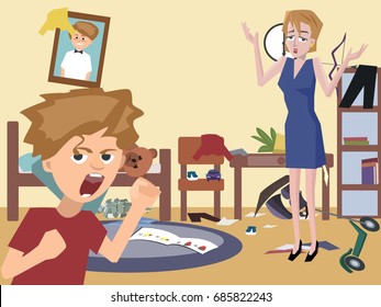 Mom And Problem Child At Messy Kids Room - Funny Cartoon Vector Illustration