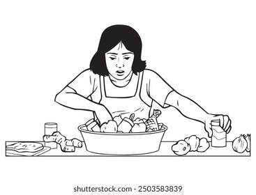 Mom processing food ingredients. Illustration in black and white and vector format.