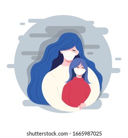 mom protect daughter from virus Covid 19 vector illustration