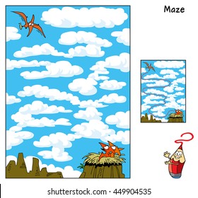 Mom Pterodactyl Flies To The Nest Through The Clouds. Educational Maze Game For Children. Vector Illustration