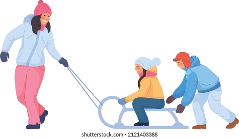 Mom pulling sledge with children. Winter joy activity isolated on white background