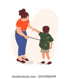 Mom punishing son by hitting with stick