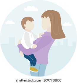 Mom in a purple sweater holds her son in her arms