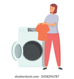 Mom put clothes in washing machine icon cartoon vector. Work house. Person daily activity