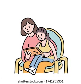 Mom puts her daughter on her lap and is watching the tablet together. hand drawn style vector design illustrations. 