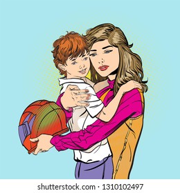 Mom puts on her son's helmet for a safe ride. Mom teaches her son to ride a cycle hand-drawn picture. The character of a woman with her son riding a motobike.