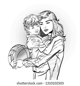 Mom puts on her son's helmet for a safe ride. Mom teaches her son to ride a cycle hand-drawn picture. The character of a woman with her son riding a motobike.