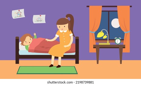 mamá pone al hijo en la cama