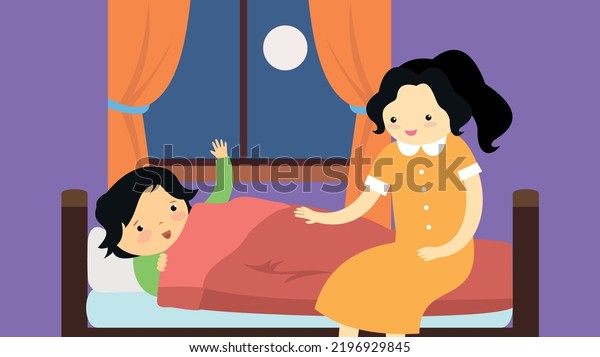 Mom Puts Son Sleep Bed Stock Vector Royalty Free 2196929845