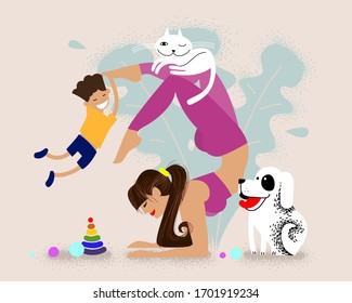 Mom quietly practices yoga at home with her child and pets. the child is playing while mom is meditating. Flat cute vector illustration. young mother in scorpion asana at home. Mother keep calm.