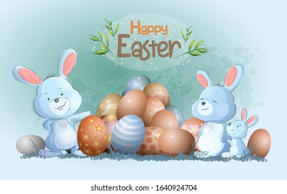 Mom, rabbit and her little rabbit with Easter eggs stand and wave their paws. Cute bunnies. Happy easter you text. Can be used for print design, baby shower celebration greeting and invitation card