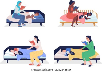 Mom read for child semi flat color vector character set. Sitting figures. Full body people on white. Family members isolated modern cartoon style illustration for graphic design and animation pack