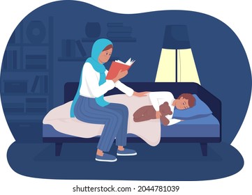 Mom read story 2D vector isolated illustration. Mother reading book for sleeping kid. Story telling for baby. Happy family flat characters on cartoon background. Bedtime routine colourful scene