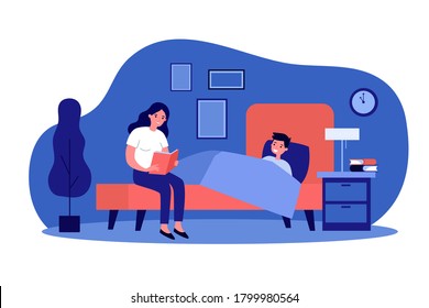 Mom reading bedtime book to son. Happy kid lying in bed flat vector illustration. Childhood, parenthood, fairytale concept for banner, website design or landing web page