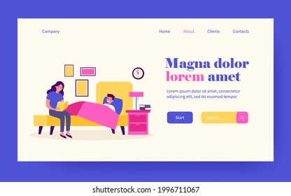 Mom reading bedtime book to son. Happy kid lying in bed flat vector illustration. Childhood, parenthood, fairytale concept for banner, website design or landing web page