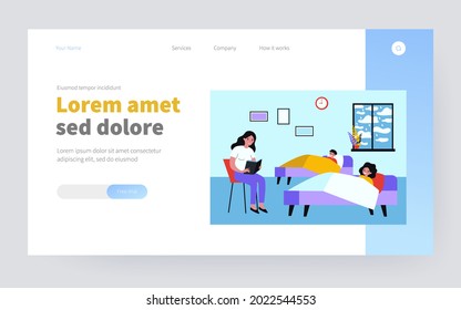 Mom reading bedtime story to kids. Fairytale, book, happy children lying in bed flat vector illustration. Motherhood and literature concept for banner, website design or landing web page