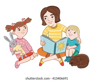 Mom reading a book to children. characters