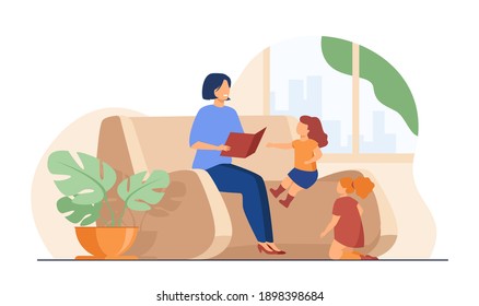 Mom reading book to children at home. Mother telling little children fairytale. Flat vector illustration. Family leisure, preschool education concept for banner, website design or landing web page