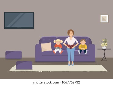 Mom reading a book to children. Young woman with her son and daughter sitting on the couch in the living room. There is a purple sofa, two chairs, and a TV in the room. Vector illustration