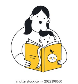 Mom reading a book to her son. Telling stories and fairy tales, cozy feeling, learning, and reading. Thin line yellow vector illustration on white.