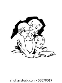 Mom Reading With Children - Retro Clip Art