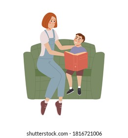 Mom is reading a children's book to her son. Reading people on a white background. Read more concept books. People go to read. Vector illustration