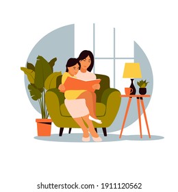Mom reading for daughter sitting on the sofa with book. Vector illustration of a flat design.
