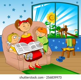 Mom reading an interesting book for children, vector