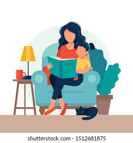 Mamá leyendo por niño. Familia sentada en la silla con libro. Ilustración vectorial de corte en estilo plano