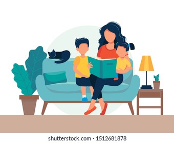 Mom reading for kids. Family sitting on the sofa with book. Cute vector illustration in flat style