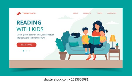 Mom reading for kids. Landing page template. Cute vector illustration in flat style.