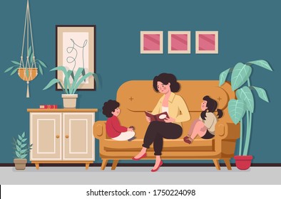 Mom reading for little son and daughter in the room. Mom with children sits at home. Reading book together. Home education. Flat cartoon vector illustration.