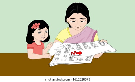 Mom reading a newspaper with her daughter