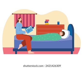 Mom reading a storybook to her sleeping son in her room at night. Character design. Vector flat illustration