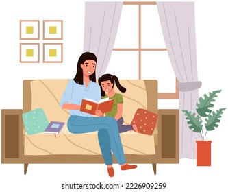 Mom reading tale and teaching daughter. Mother tells bedtime story to child. Woman with book reads to kid at home. Parent takes care of baby. Family spends time with book together in living room