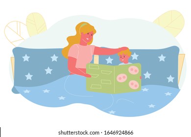 Mom Reads Bedtime Story to her Son, Illustration. Woman Lies in Bed with Child and Holds Book with Interesting Stories. Boy Looks at Book with Interest, Mom Pats him on Head, Cartoon.