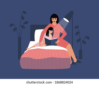 Mom Reads A Bedtime Story To Her Daughter. Repetition Of Lessons Before Bedtime. Family Leisure In The Evening. Flat Vector Illustration.