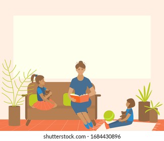 Mom reads a book to children at home. Mom with children sits at home. Frame for an inscription on the topic of reading books to children. Flat vector illustration.