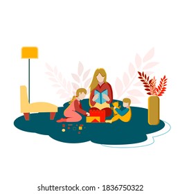 
Mom reads a book to children at home, a girl plays a constructor and a little boy plays with a teddy bear.Cartoon illustration. Concept
