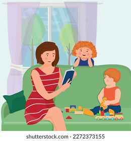 Mom reads a book to her children.  The family spends time together with a book in the living room. Vector illustration.